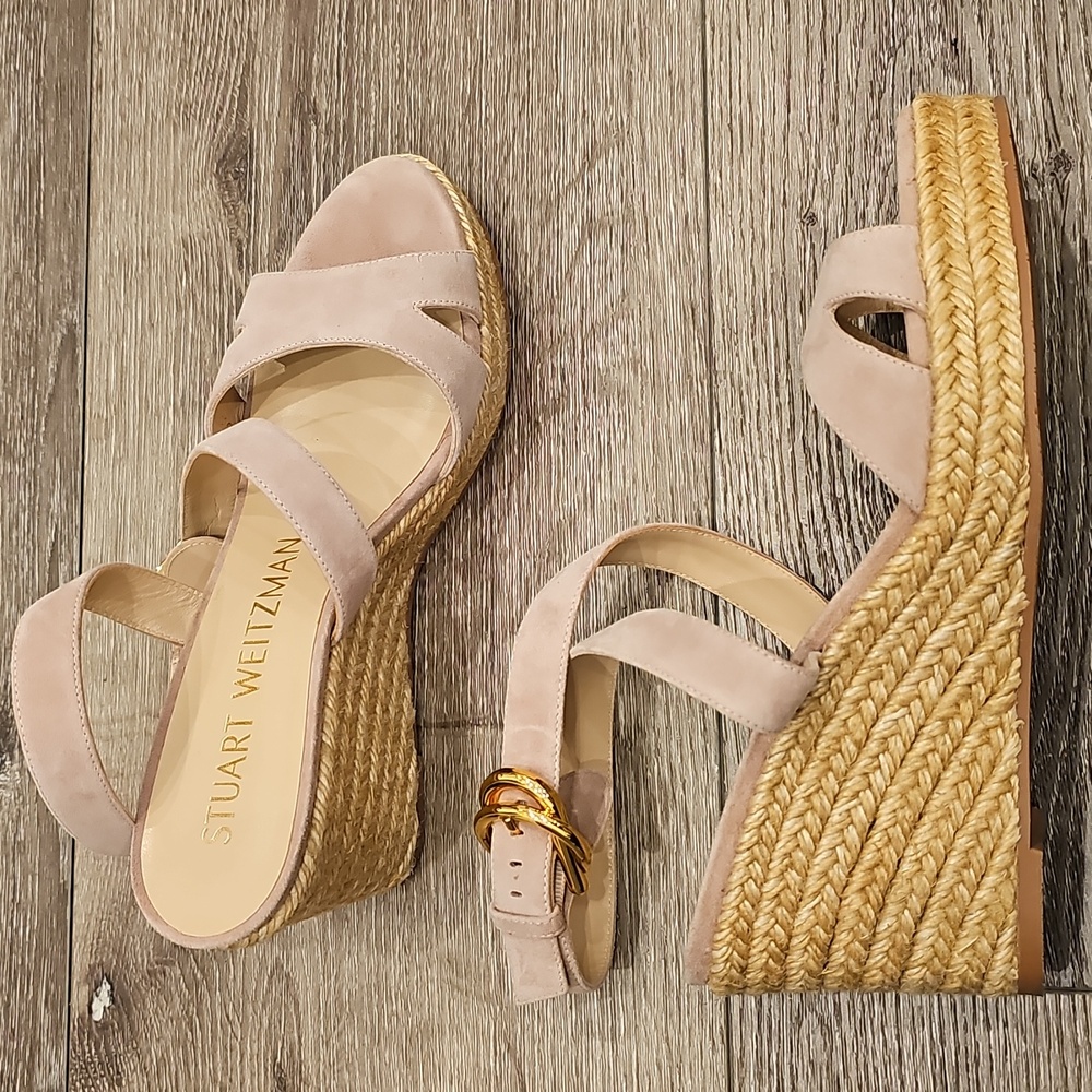 [NEW] Stuart Weitzman Beige Pink Espadrille Wedge Heeled Sandals Zuzu Buckle - Picture 10 of 10